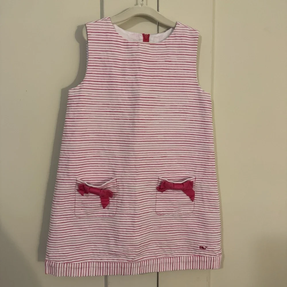 Vineyard Vines Girls Whale Logo Striped Shift Dress Sz 5 White And Pink Bows